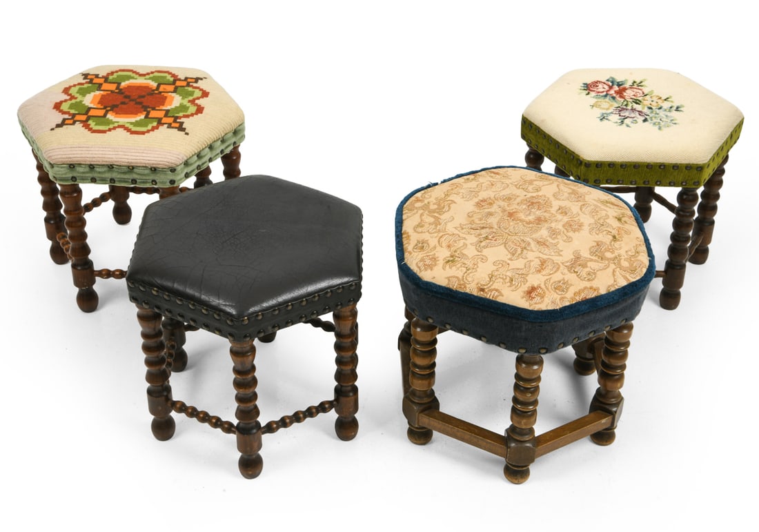 GROUPING OF SCANDINAVIAN OAK STOOLS: Grouping of 4 stools with bobbin turned legs and a variety of upholstered seats. 20th c. Dimensions: H 14" x W 15" Condition: Wear consistent with age and use. Patina to brass. Discoloration and finis