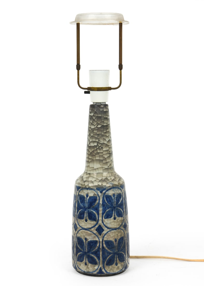 MARIANNE STARCK MICHAEL ANDERSEN CERAMIC LAMP: Marked underneath. Natural Persia crackle glaze. Dimensions: H 19.5" x Dia. 4.5". Condition: Wiring untested, European plug. Wear consistent with age and use, including minor scratches. DA_99