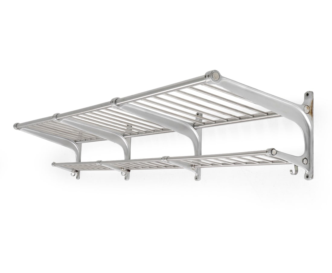 CZECH ALUMINUM COAT AND HAT RACK C. 1970S: Dimensions: H 11.25" x W 75.5" x D 16" Condition: Wear consistent with age and use. Oxidation and surface marks. DA_214