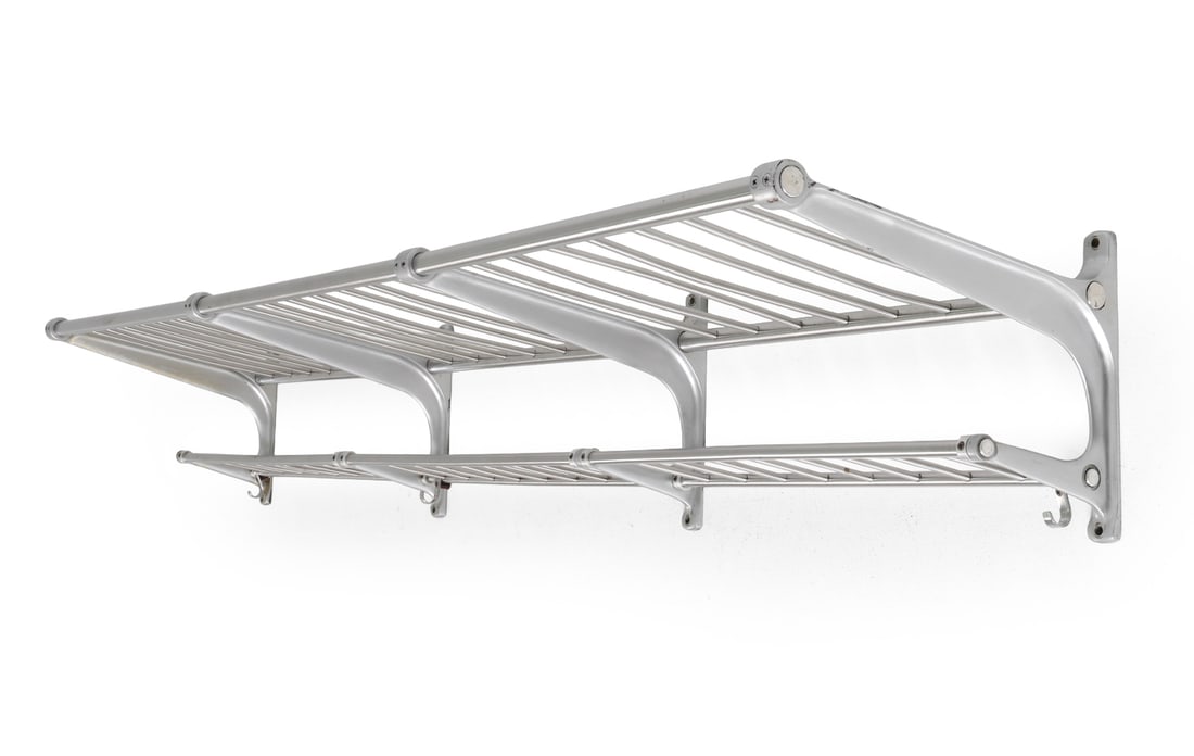 CZECH ALUMINUM COAT AND HAT RACK C. 1970S: Dimensions: H 11.25" x W 75.5" x D 16" Condition: Wear consistent with age and use. Oxidation and surface marks. DA_215