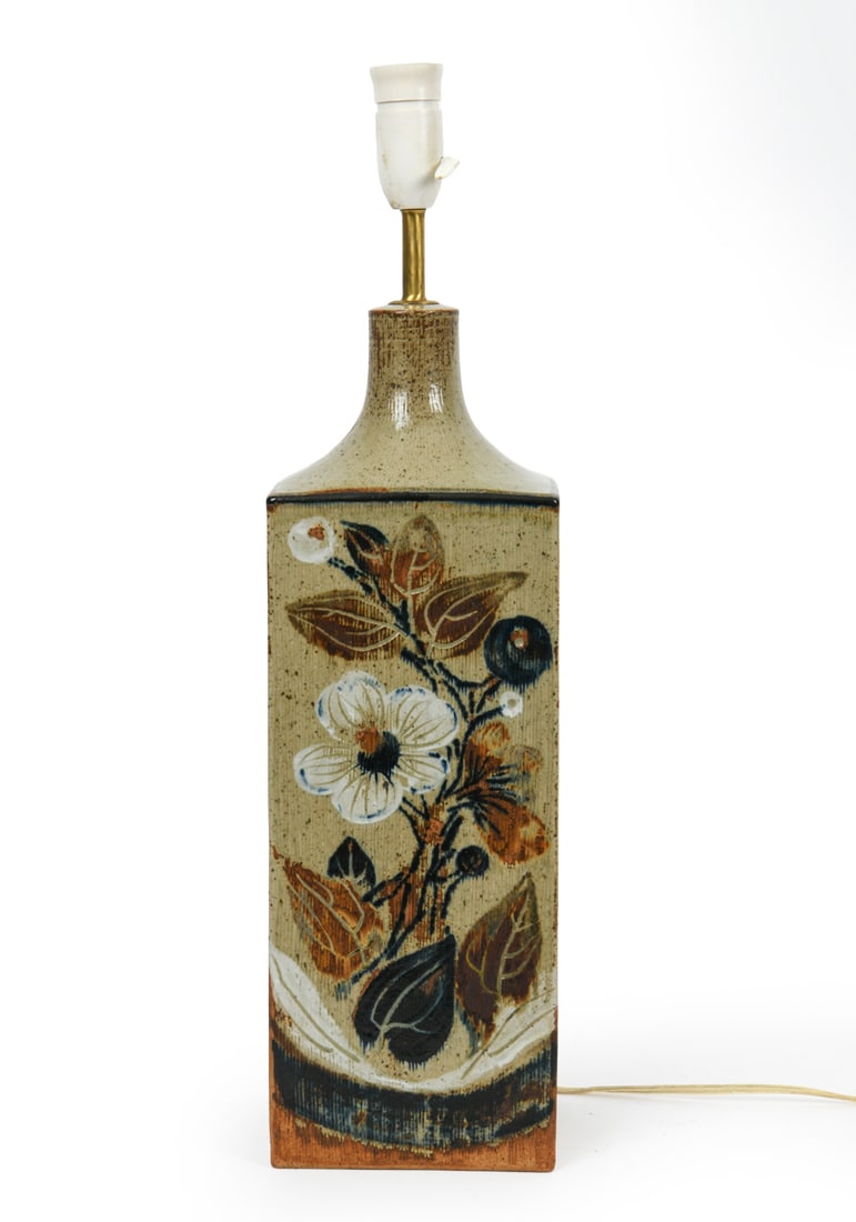 URSULA PRINTZ MOGENSEN CERAMIC TABLE LAMP C. 1960S: Marked underneath. Denmark, circa 1960s. Dimensions: H 25.5" x W 6.25" x D 5". Condition: Wiring untested. Wear consistent with age and use. DA_97