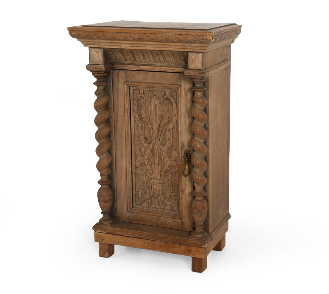BAROQUE STYLE DANISH CARVED OAK CABINET C. 1930S: Oak bar cabinet with two shelves. Barley twist columns and carved panels. Denmark, circa 1930s. Dimensions: H 29.5" x W 17.5" x D 12" DA_27