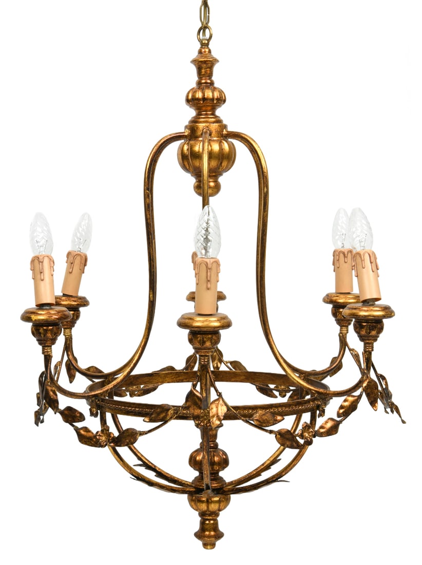 VINTAGE VENETIAN STYLE GILT CHANDELIER: Chandelier in gilt finish. 20th century. Dimensions: H 31" x Dia. 21.5". Condition: Wiring untested. Light covers slightly loose. Wear consistent with age and use, including patina, finish loss and sc