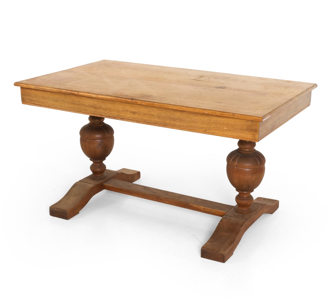 ANTIQUE SCANDINAVIAN OAK DINING TABLE: Dimensions: H 28.5" x W 53.5" x D 31.5" Condition: Wear consistent with age and use. Surface marks and discoloration. Scuffs and stress crack to frame. DA_119