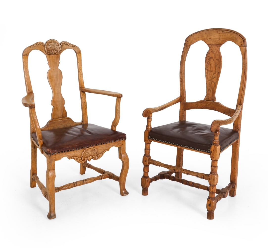 ANTIQUE CARVED OAK & LEATHER ARM CHAIRS: Dimensions: H 40.5" x W 26.5" X D 18.5" S.H. 17" Condition: Showing signs of wear including evidence of old worming, not active. Nicks and scuffs. DA_74