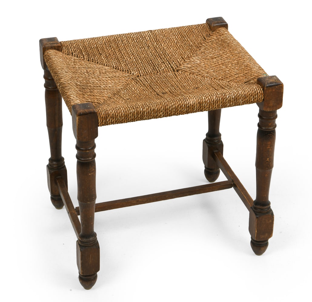 DUTCH OAK & RUSH STOOL: Dimensions: H 18.5" x W 18" x D 18" Condition: Wear consistent with age and use, including scratches and minor fraying. DA_164