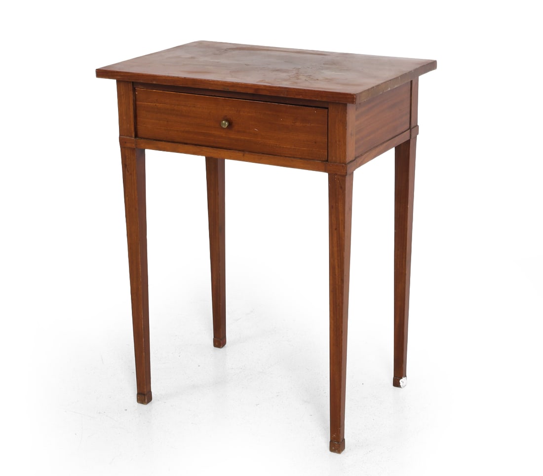 ANTIQUE MAHOGANY WORK TABLE 19TH C.: European, circa 19th Century. Dimensions: H 27" x W 21" x D 15" Condition: Stress cracks, rubs to top. Wear consistent with age and use. Discoloration. Scratches. DA_169