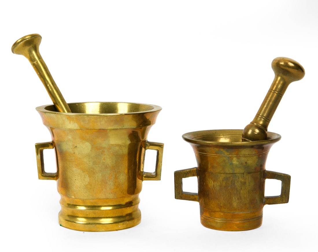 ANTIQUE BRASS MORTAR AND PESTLES: Dimensions: (Larger) H 4.5" x Dia 4.75" Condition: Patina and scratches. Wear consistent with age and use. DA_199