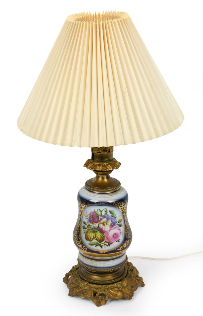 ANTIQUE FRENCH OLD PARIS PORCELAIN & ORMOLU LAMP: Dimensions: W/ Shade H 27" x Dia. 15.5". Condition: Wiring untested. Light patina to ormolu. Wear consistent with age and use. DA_226