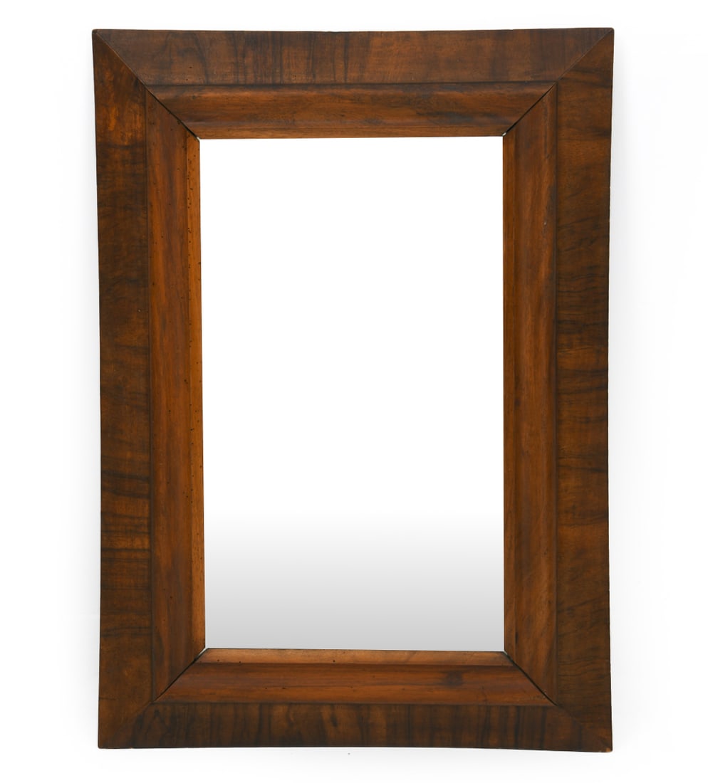 ANTIQUE SCANDINAVIAN MAHOGANY WALL MIRROR 19TH C.: Wall mirror with carved frame. In mahogany. Scandinavian, 19th Century. Dimensions: H 28" x W 20" Condition: Wear consistent with age. Scuffs, joint separation, minor loss, evidence of old worming, no