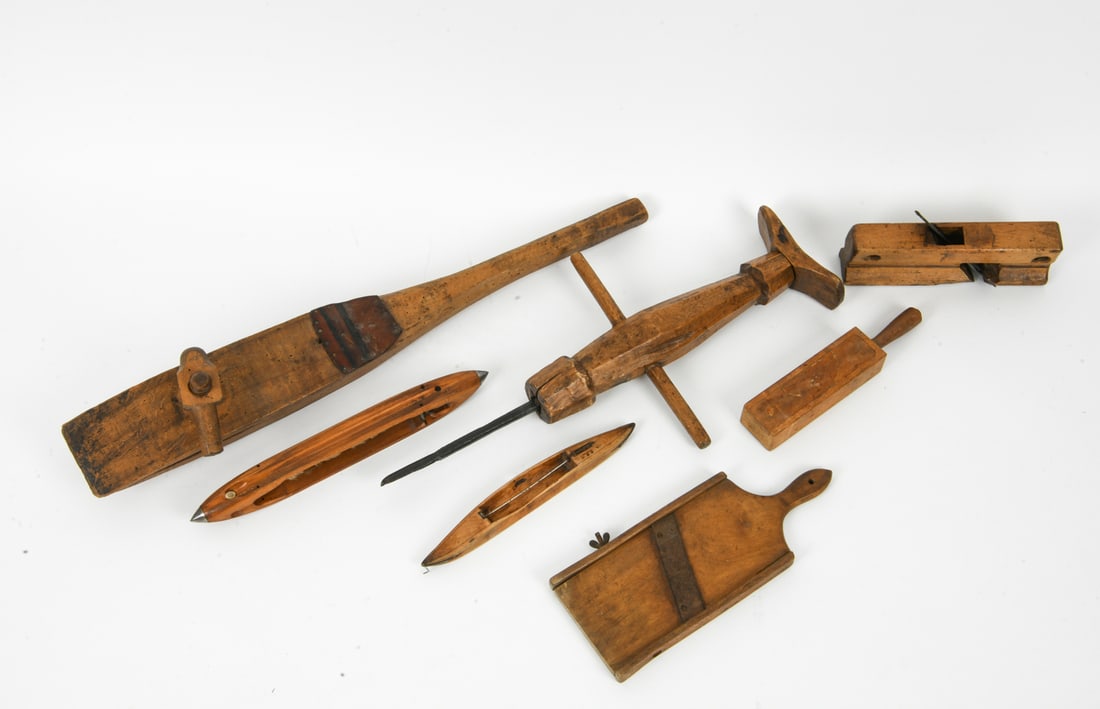 ANTIQUE PINE WORKBENCH TOOLS GROUPING - 2