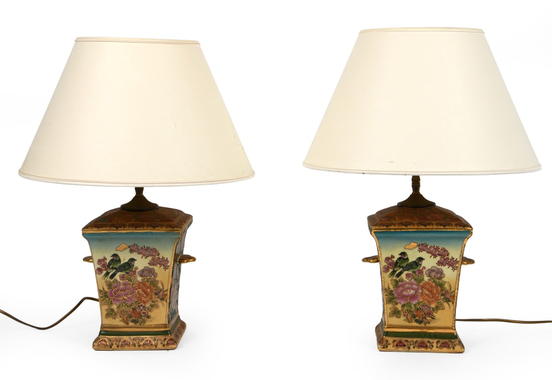 PAIR SATSUMA STYLE CERAMIC TABLE LAMPS: Dimensions: H 14" x W 6.75" x D 6.75". Condition: Wiring untested. Wear consistent with age and use, including minor scuffs and scratches. DA_103