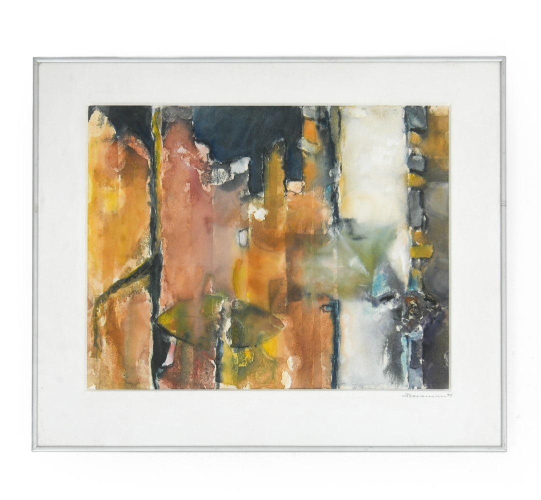 JORGEN BECKMAN (DANISH) ABSTRACT MIXED MEDIA 1994: Signed, dated '94 lower right. Stamped, titled on verso. Dimensions: (Frame) H 20" x W 24" (Sight) H 14" x W 18" Condition: Wear consistent with age. Minor soiling spots to back. DA_237