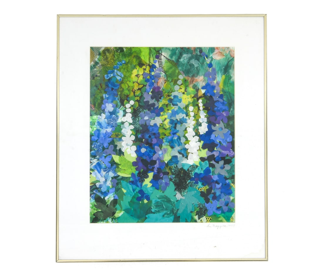 LIS BOGGILD (DANISH) ABSTRACT MIXED MEDIA ARTWORK: Danish abstract art work. Mixed media. Signed and dated 1997 lower right. Dimensions: (Frame) H 26" x W 22" (Sight) H 18" x W 15" Condition: Wear consistent with age. Dust underneath the glass. DA_240