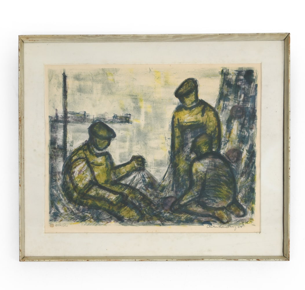 ANKER LANDBERG (1916-1973) LITHOGRAPH 1964: Signed and dated to lower right corner, 1964. Edition number 220/250. Titled "Fishing Men". Dimensions: Frame H 25.5" x W 30.75". Sight H 19" x W 25". Condition: Not examined out of frame. Scuffs and