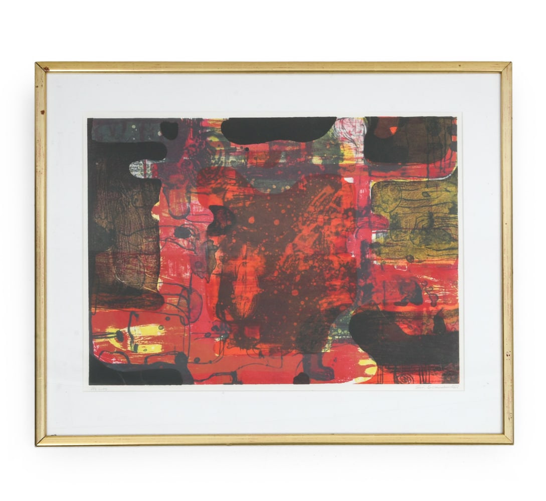 DANISH ABSTRACT LITHOGRAPH: Signed to lower right corner. Edition number 2/7. Dimensions: Frame H 27.5" x W 34". Sight H 20" x W 27". Condition: Not examined out of frame. Scuffs and dings to frame. Wear consistent with age. DA_