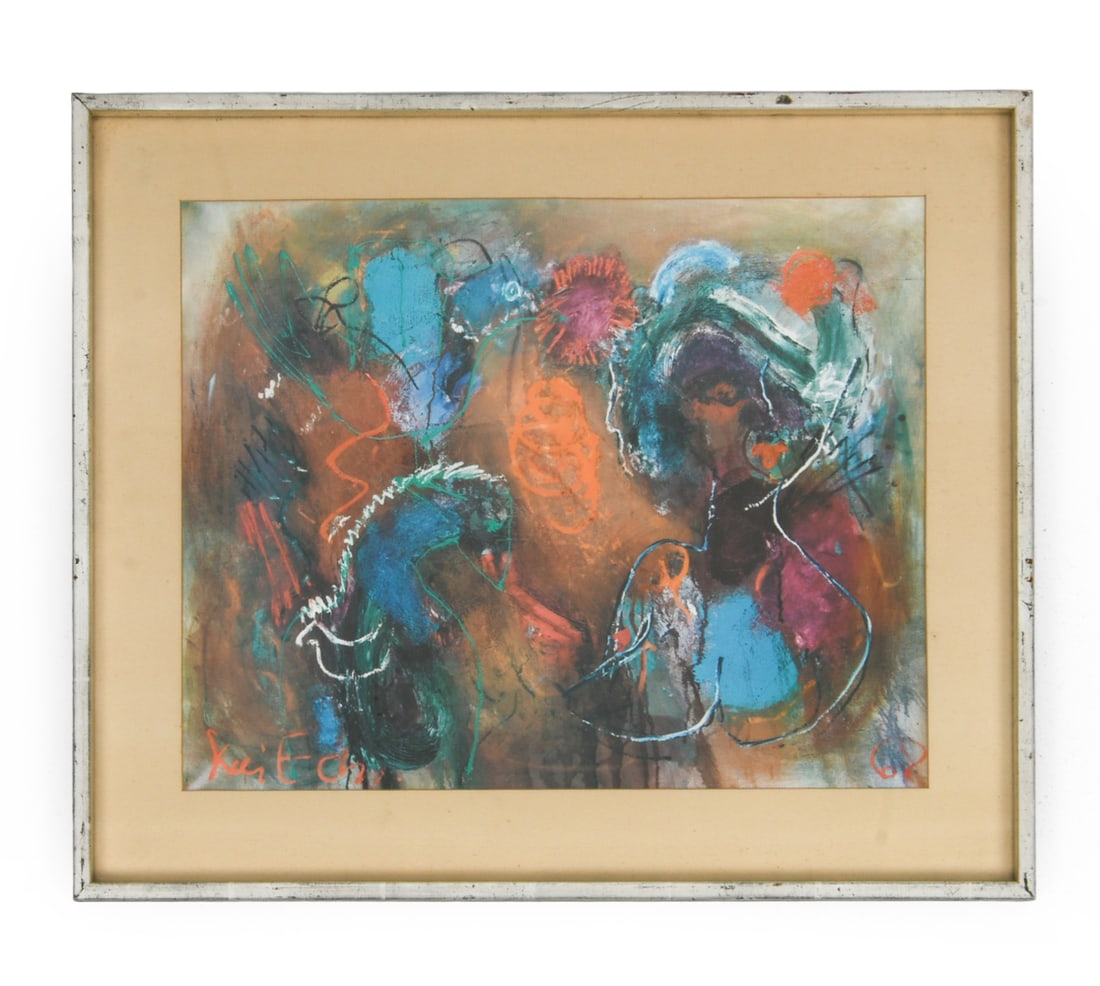 DANISH ABSTRACT PRINT: Indistinct printed signature and dated lower margin. Dimensions: (Frame) H 19.5" x W 23" (Sight) H 14.25" x W 18" Condition: Wear consistent with age. Patina to frame. DA_246