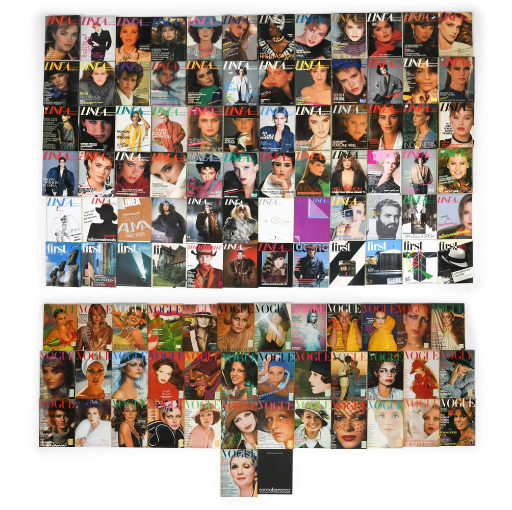 LINEA & VOGUE MAGAZINE GROUPING C. 1970S-1980S: Three boxes of magazines total. Dimensions: Box H 10" x W 20" x D 15.5". Condition: Small bends to few pages. Wear consistent with age and use. DA_188