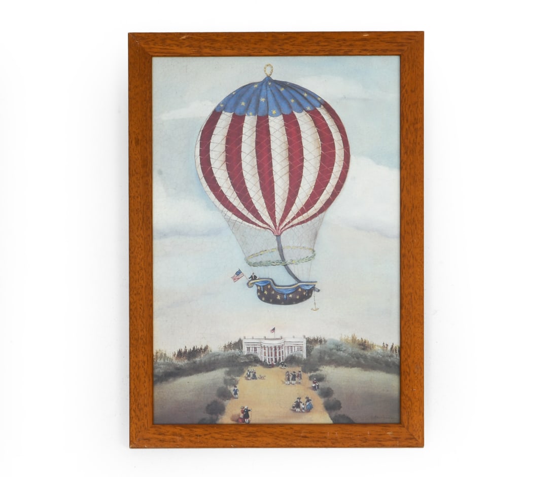 FIRST FLIGHT OVER AMERICA PRINT: Image of a balloon flying over the white house. Dimensions: (Frame) H 20.75" x W 14.5" (Sight) H 18.25" x W 12.25" Condition: Wear consistent with age. Some nicks, rubs to frame. DA_235