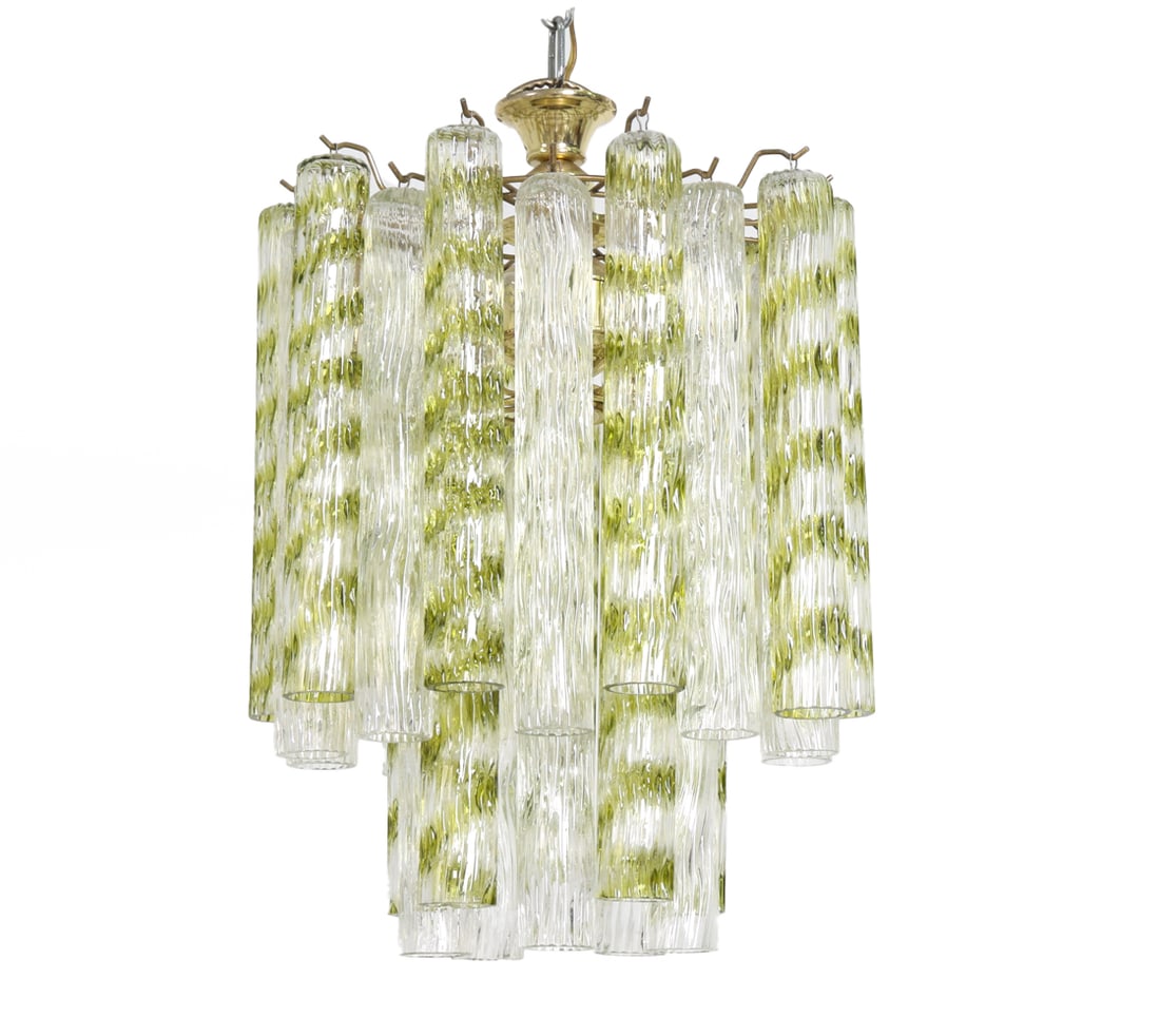 VENINI STYLE MURANO GLASS CHANDELIER: Apparently unmarked. Dimensions: H 20" x Dia. 13" Condition: Showing light signs of wear including patina to brass elements consistent with age and use. Untested.