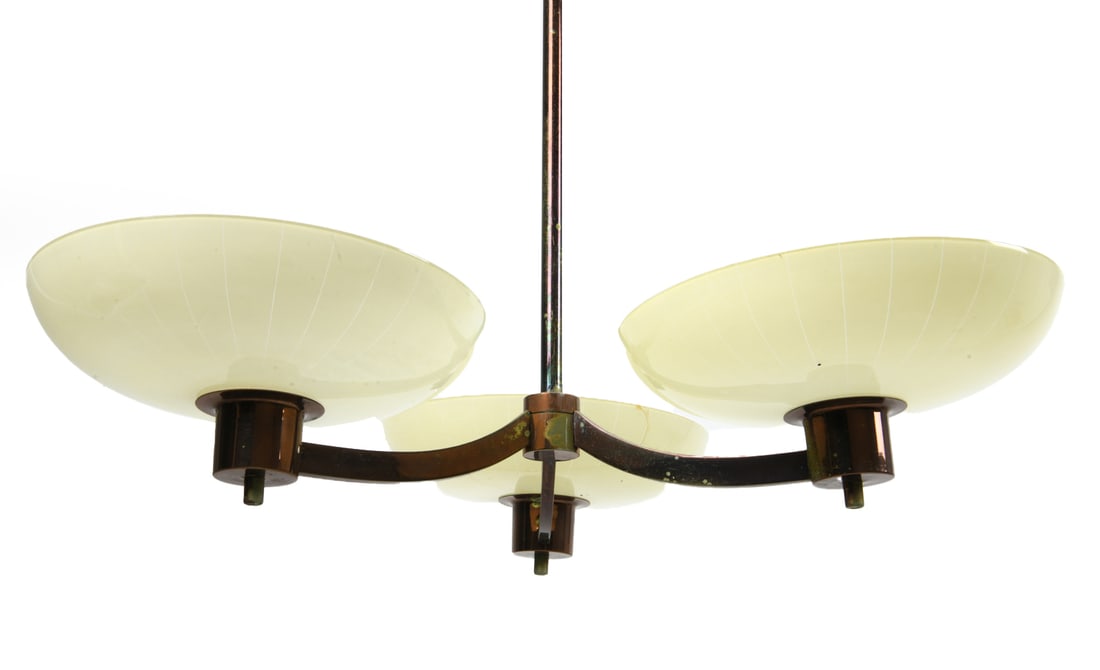 ART DECO STYLE SWEDISH GLASS & BRASS CHANDELIER: Brass chandelier with frosted shades. Circa 1940s. Dimensions: H 22" x Dia. 24.5". Condition: Previous repair to one glass shade. Scuffs and rubs to brass. Wiring untested. Wear consistent with age an