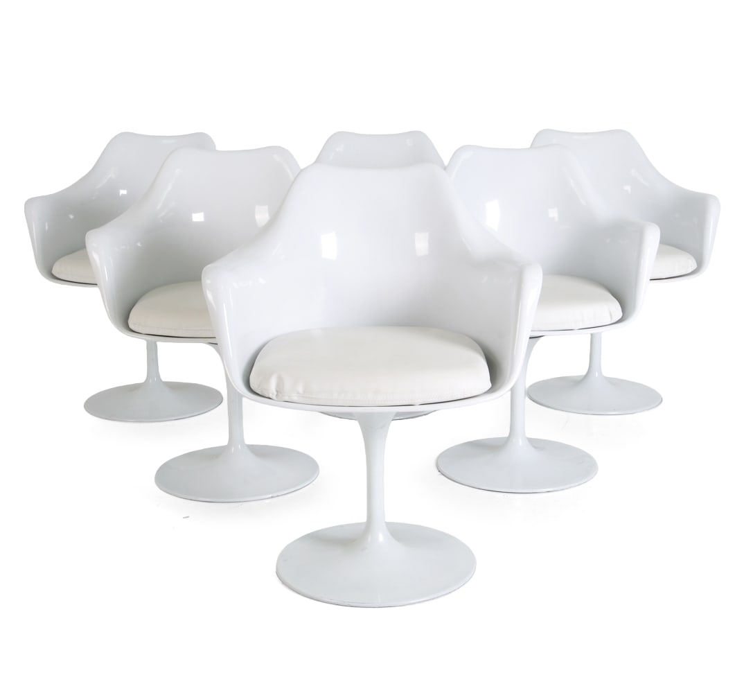 (6) STYLE OF SAARINEN REPRODUCTION TULIP ARMCHAIRS: Cast base with white finish. Plastic shell with white faux leather upholstered seats. Apparently unmarked. Dimensions: H 33" x W 25.5" x D 21" x SH 20.25". Condition: Scuffs and scratches to frames, f