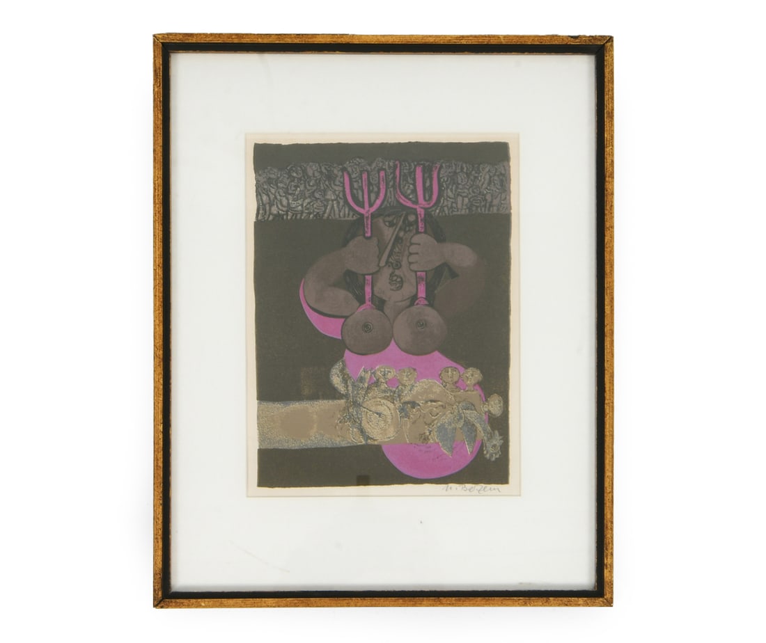 NAFTALI BEZEM (1924-2018) SURREALIST LITHOGRAPH: Signed to lower right corner. Surreal figural lithograph. 20th century. Dimensions: Frame H 18.25" x W 14.75". Sight H 12" x W 8.75". Condition: Not examined out of frame. Light scuffs to glass. Wear