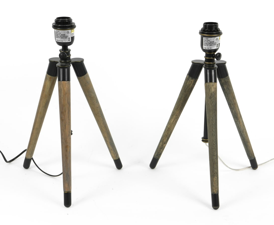PAIR OF RALPH LAUREN TRIPOD TABLE LAMPS: Tagged and marked to center. Contemporary. Dimensions: Maximum H 25.5" x Dia. 11". Condition: Wiring untested.