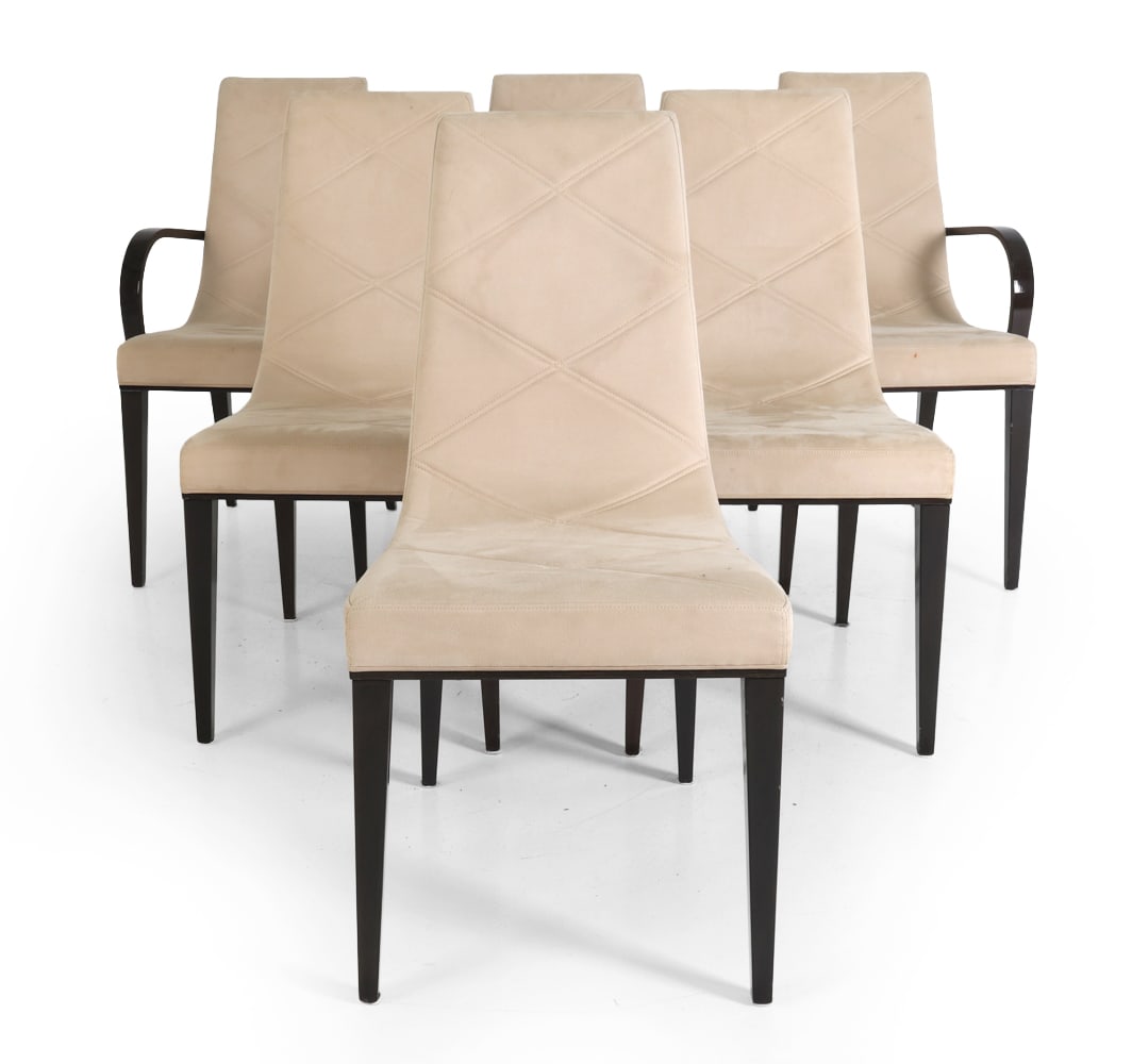 (6) COSTANTINI PIETRO ITALIAN SUEDE DINING CHAIRS: Ebonized wooden frames with cream tone suede upholstery. Tagged underneath. 20th century. Dimensions: H 39.5" x W 15.5" x D 21" x SH 20.25". Condition: Arms slightly loose. Spots of discoloration.