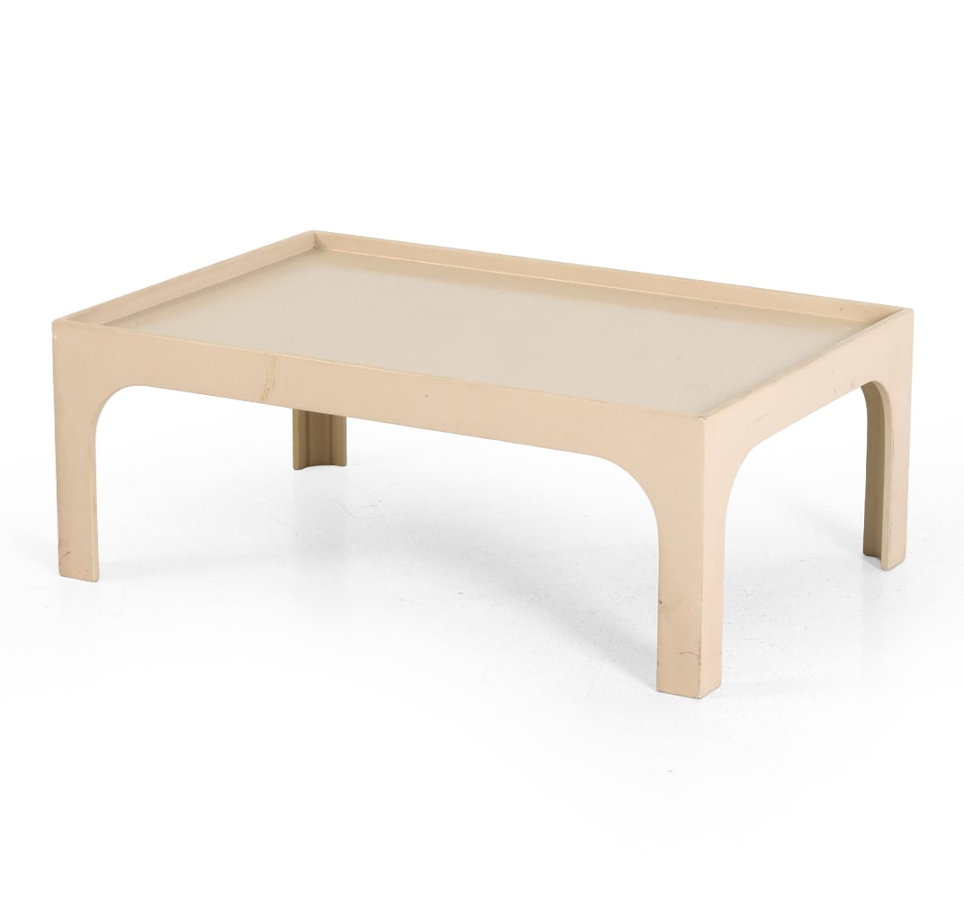 PAINTED WOODEN COFFEE TABLE: Painted wood frame. 20th century. Dimensions: H 9" x W 24" x D 16.25". Condition: Scuffs and rubs to edges. Wear consistent with age and use.