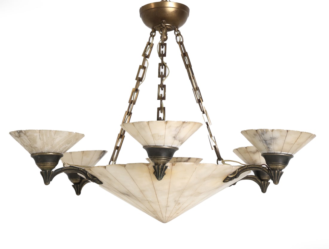 ART DECO ALABASTER & BRONZE CHANDELIER (1 of 16)