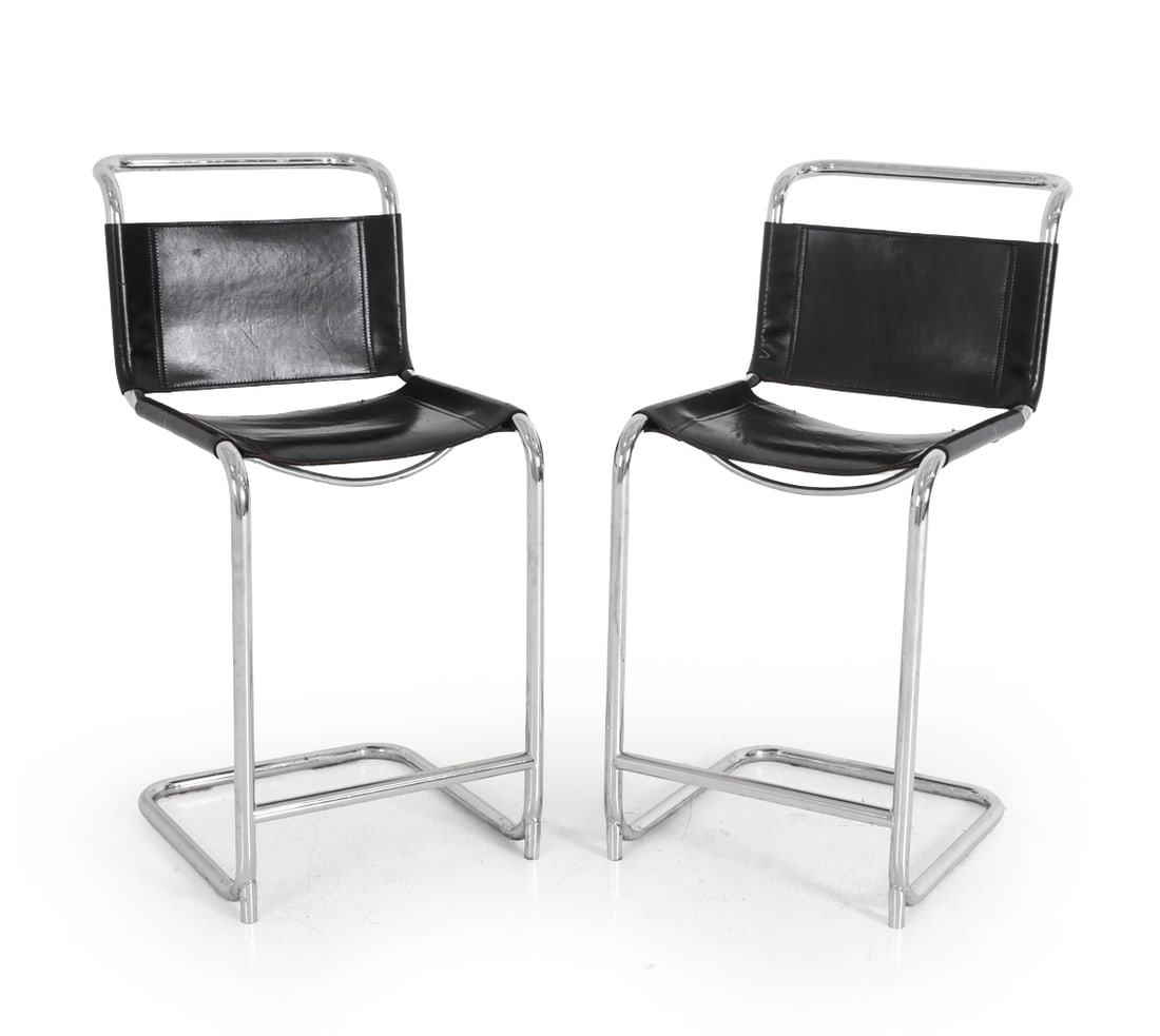 PAIR MART STAM STYLE LEATHER & CHROME BAR STOOLS (1 of 15)