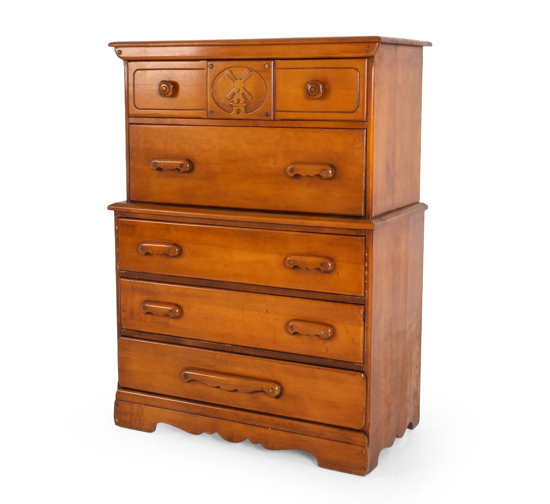 ATTR. VIRGINIA HOUSE MAPLE SECRETARY CHEST 1950S: Apparently unmarked. Circa 1950s. Dimensions: H 49.5" x W 35.5" x D 19" Condition: Minor stress cracks to one side. Wear consistent with age and use.
