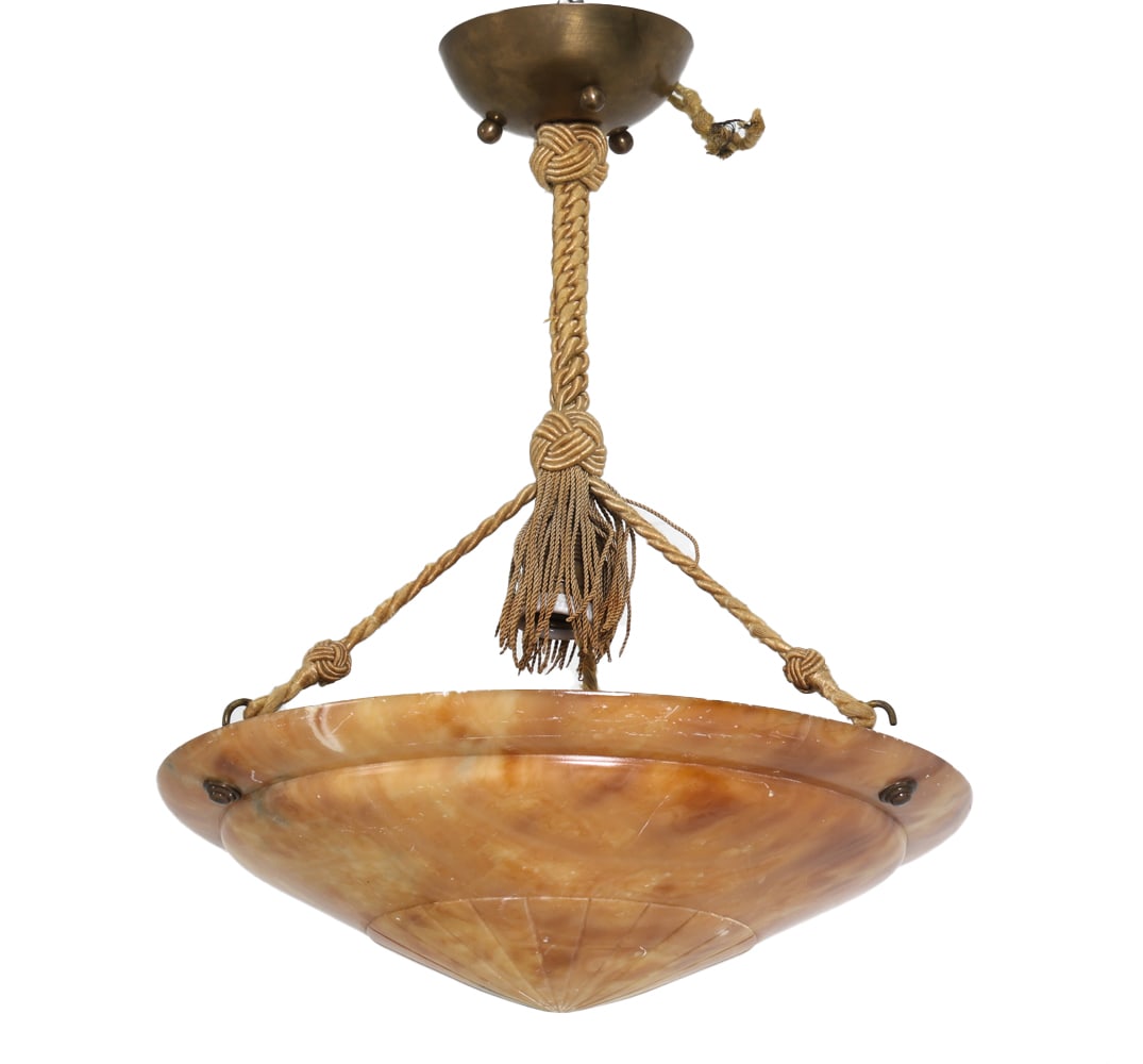 ART DECO STYLE ALABASTER CHANDELIER: 20th century. Dimensions: H 17" x Dia. 14.25". Condition: Wiring untested. Light scuffs and small dings to edges. Wear consistent with age and use.