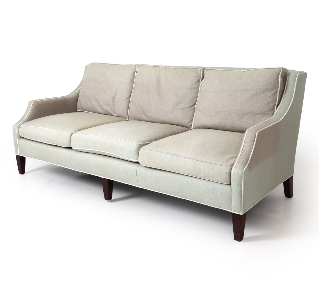 LILLIAN AUGUST FOR HICKORY CUSTOM SOFA: Apparently unmarked. Dimensions: H 34" x W 83" x D 35" x SH 18.5" Condition: Noticeable sun Fading.