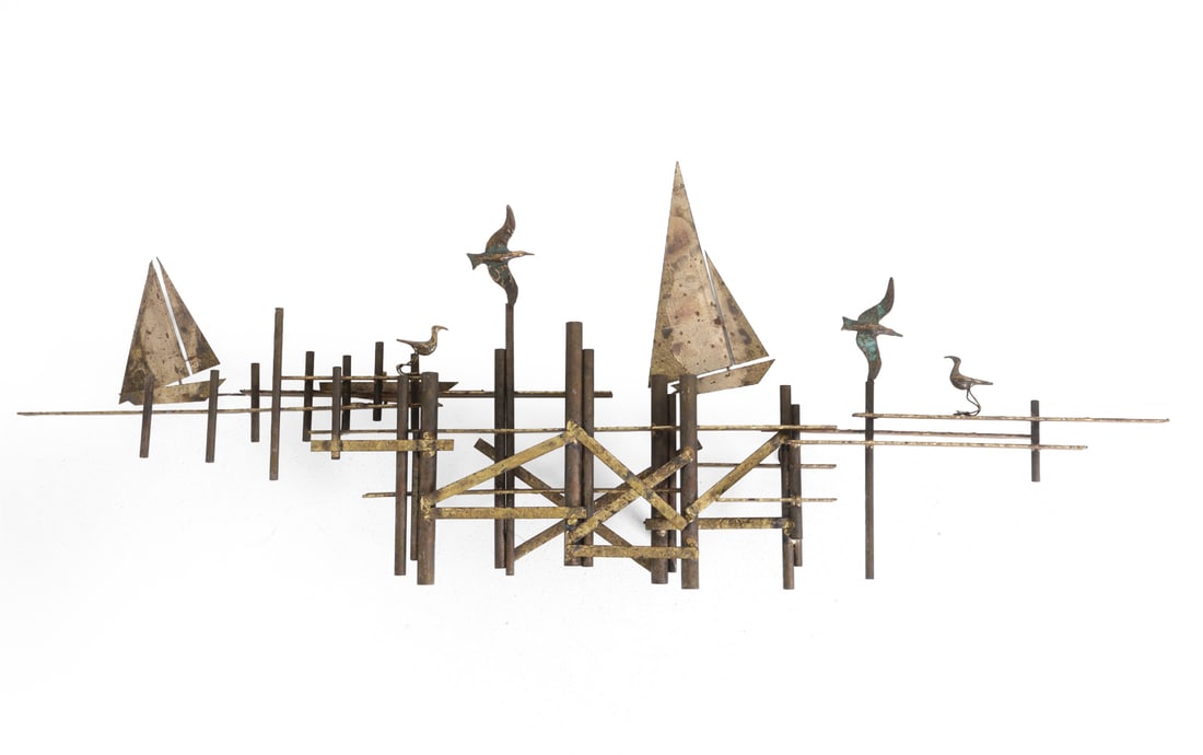 C. JERE DOCK SCENE WALL SCULPTURE: Signed to back. 20th century. Dimensions: H 20" x W 50" x D 4". Condition: Intentionally distressed finish.