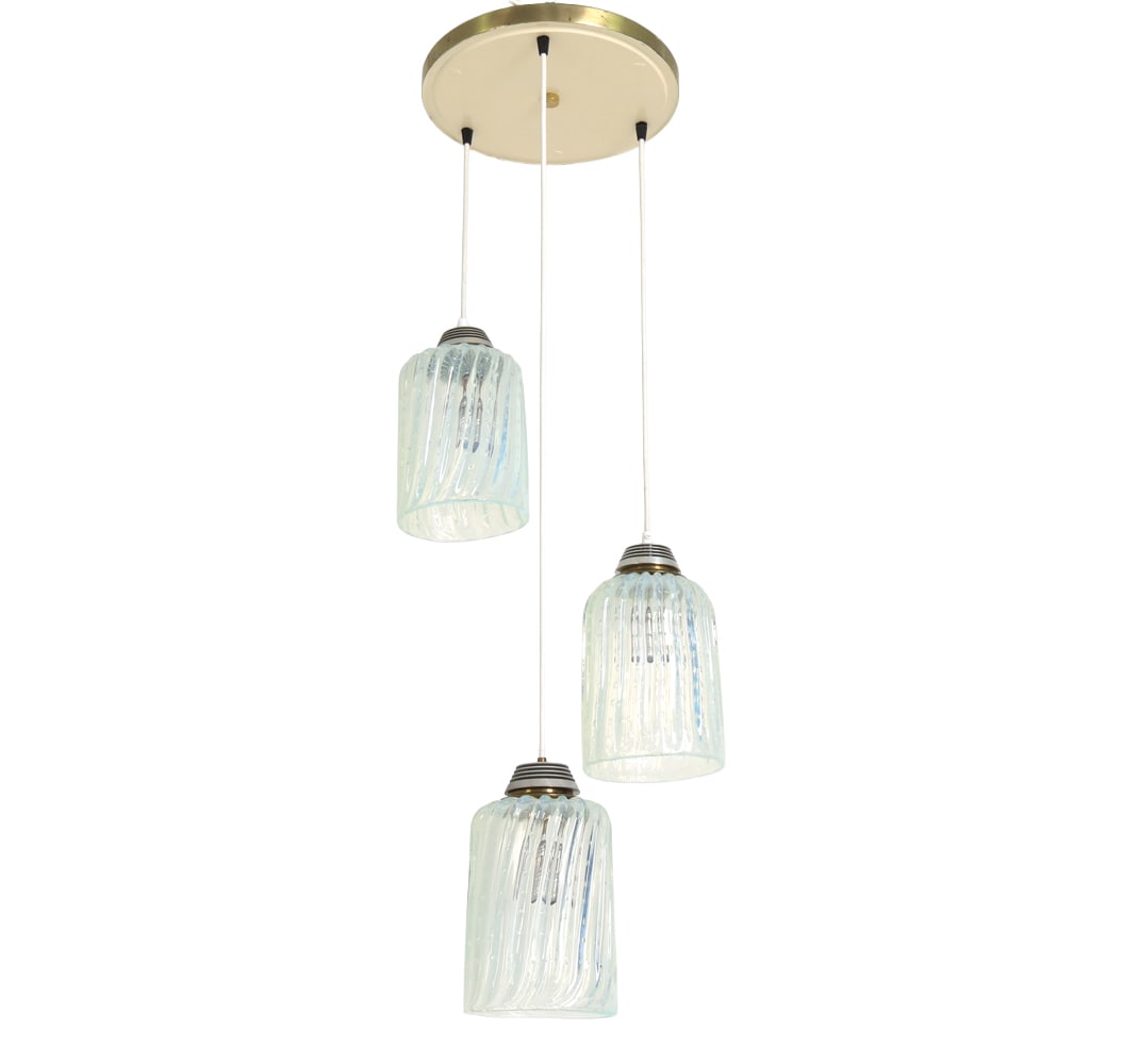 MOE LIGHT BALBOA ITALIAN GLASS CANDELIER: Tagged to shade and to canopy. Circa 1960s. Dimensions: H 36" x Dia. 12.25". Condition: Wiring untested. Scuffs and scratches to ceiling plate. Wear consistent with age and use.