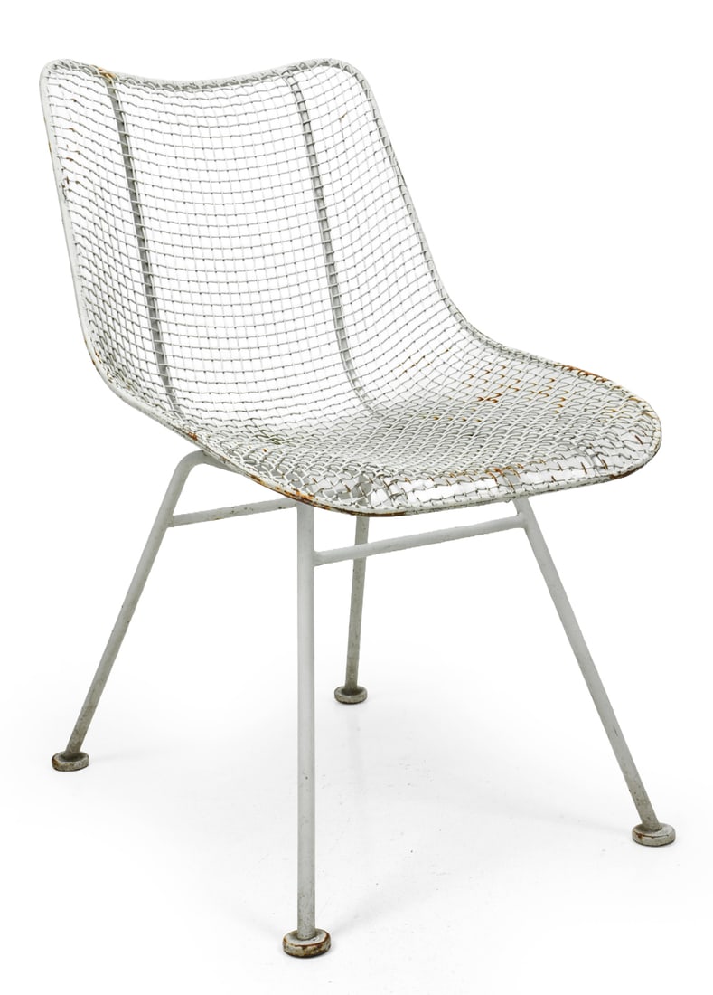RUSSELL WOODARD "SCULPTURA" WROUGHT IRON CHAIR: Apparently unmarked. 20th century. Dimensions: H 32.5" x W 19.25" x D 25" x SH 17". Condition: Rust and oxidation present. Wear consistent with age and use.
