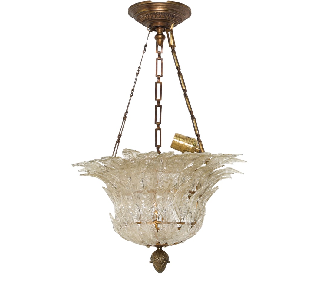 VINTAGE MURANO GLASS CHANDELIER: Brass frame with Murano glass 'petals' to shade. 20th century. Dimensions: To Canopy H 19" x Dia. 13.5". Condition: Wiring untested. Possibly missing socket to center. Wear consistent with age and use