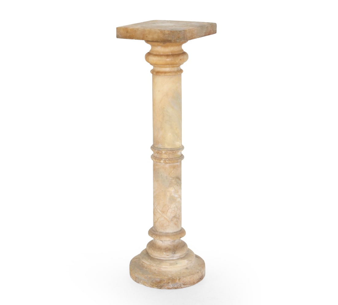 ALABASTER COLUMN PEDESTAL: 20th century. Dimensions: H 36.5" x W 10.25" x D 10.25". Condition: Scuffs, scratches, dings, wear consistent with age and use.