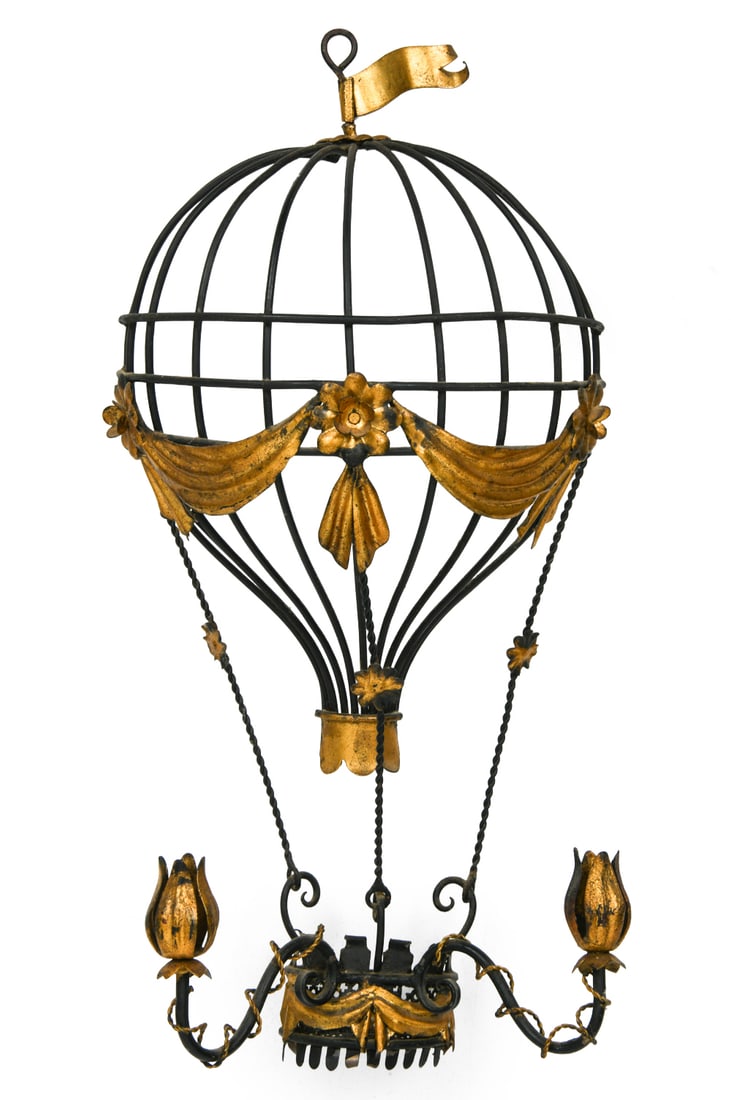 ITALIAN MONTGOLFIERE GILT IRON CANDLE SCONCE: Wrought iron with gilt accent. Circa 1950s. Dimensions: H 27" x W 12.5" x D 7". Condition: Rubs to gilt. Wear consistent with age and use.