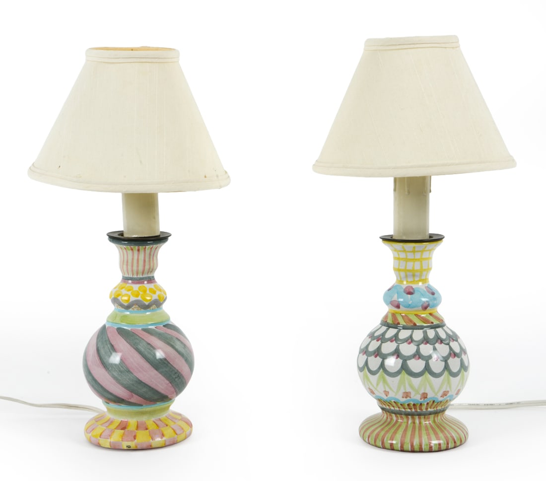 MACKENZIE CHILDS CERAMIC TABLE LAMPS: Dimensions: H 13" x Dia. 6". Condition: Wiring untested.