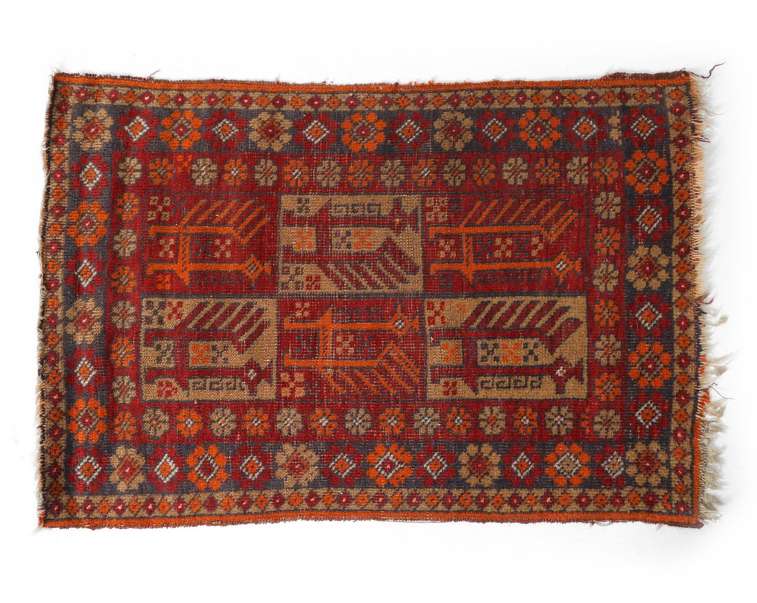 VINTAGE TURKMEN ENSI RUG: Dimensions: L 50" x W 34". Condition: Loose threads, surface soiling.