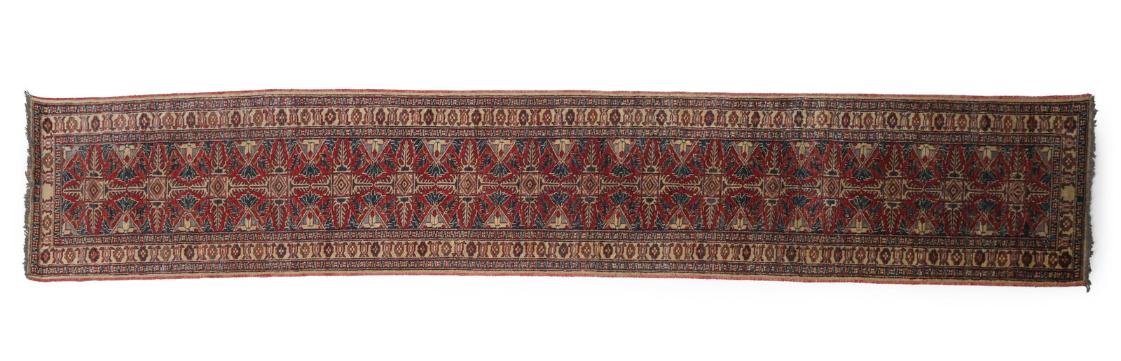 VINTAGE HAMADAN RUNNER RUG: Dimensions: L 160" x W 29.5". Condition: Slight sun fading.