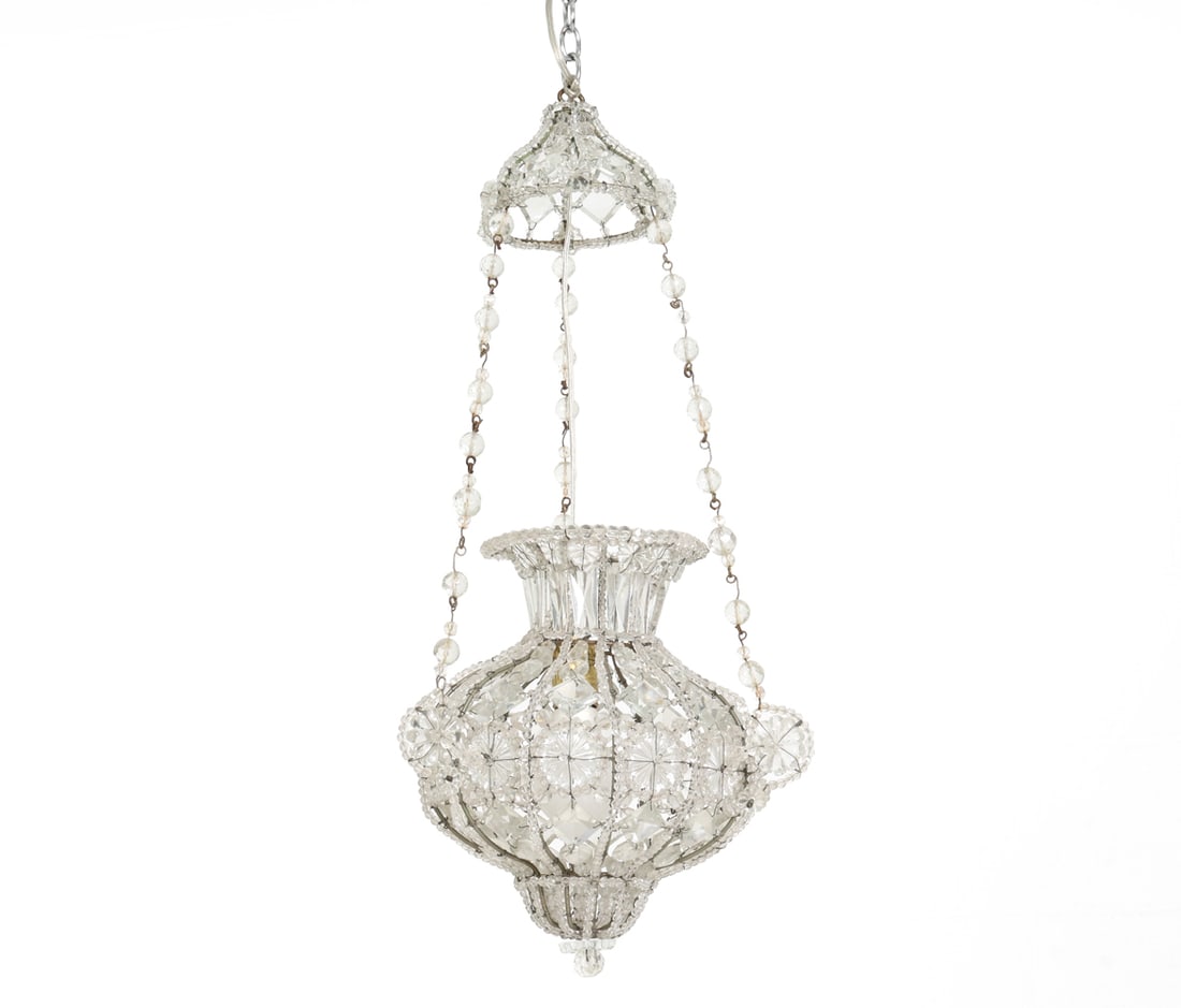 VINTAGE CRYSTAL PENDANT LIGHT: Crystal pendant light with beaded details. Unmarked. Dimensions: (Fixture) H 25" x Dia 10" Condition: Untested. Oxidation to metal. Small nicks to beads