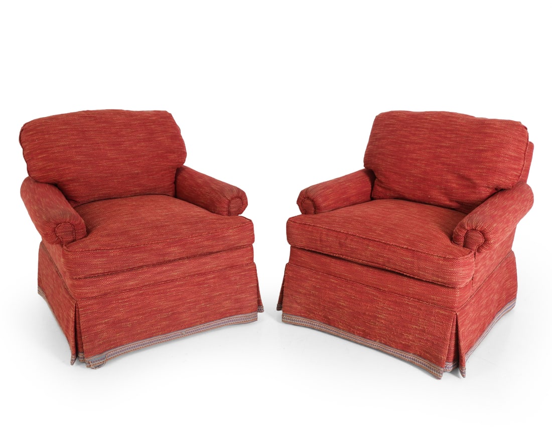 PAIR OF CHARLES STEWART LOUNGE CHAIRS: Tagged under cushions. 20th century. Dimensions: H 30" x W 32" x D 35.5" x SH 18.5". Condition: Wear consistent with age and use.