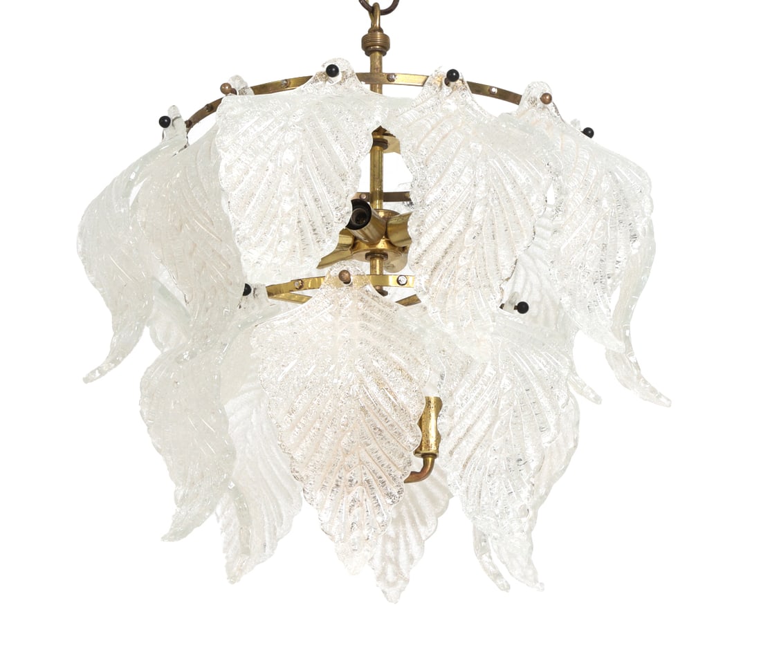 MURANO GLASS CHANDELIER: Apparently unmarked. Dimensions: H 19" x Dia. 19" Condition: With patina and few scratches to brass elements consistent with age and use. Untested.