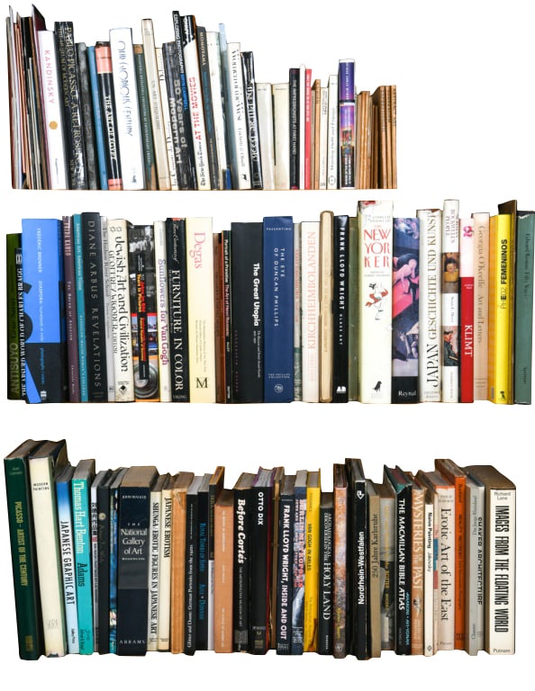 GROUPING OF ART COFFEE TABLE BOOKS: Dimensions: As Displayed W 7' 9". Condition: Few tears to covers and page ends. Shelf not included.