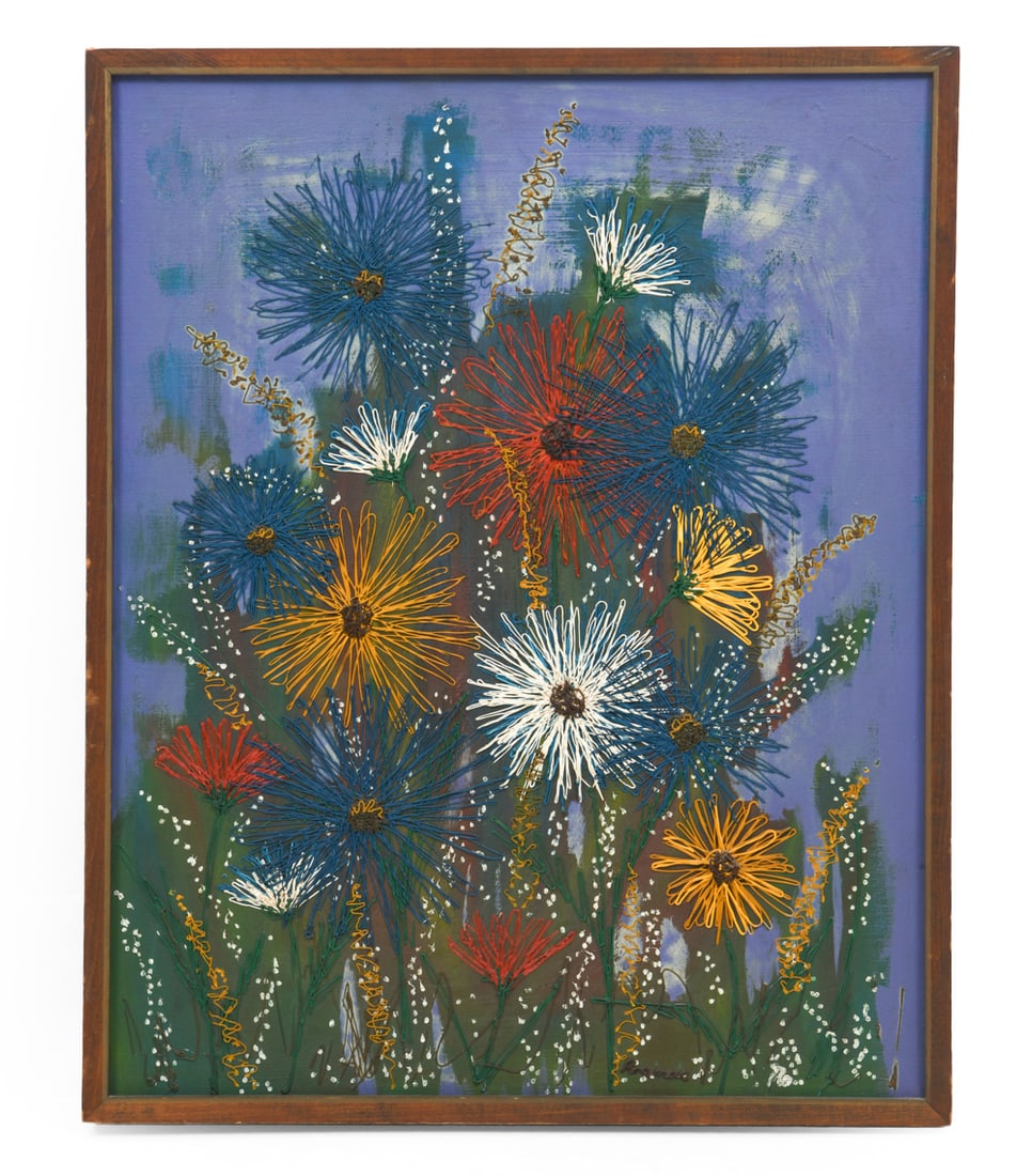 ABSTRACT STILL LIFE FLOWERS A/C: Signed to lower right corner. Colorful abstract still life with flowers. Acrylic on canvas. Dimensions: Frame H 21" x W 17". Canvas H 20.5" x W 16". Condition: Scuffs and scratches to frame. Wear