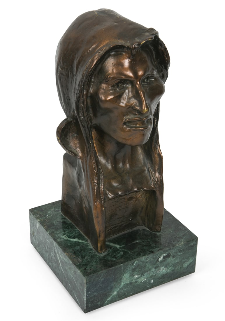 AFTER FREDERIC REMINGTON BRONZE SCULPTURE: Reproduction of "The Savage". Bronze sculpture on marble base. Apparently unsigned. 20th century. Dimensions: H 12.5" x W 6.25" x D 6.25".